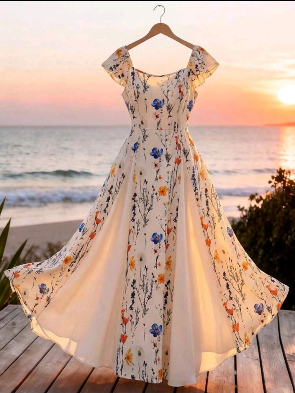 BRAND NEW ** Floral Cream Maxi Dress with Blue & Orange Blooms